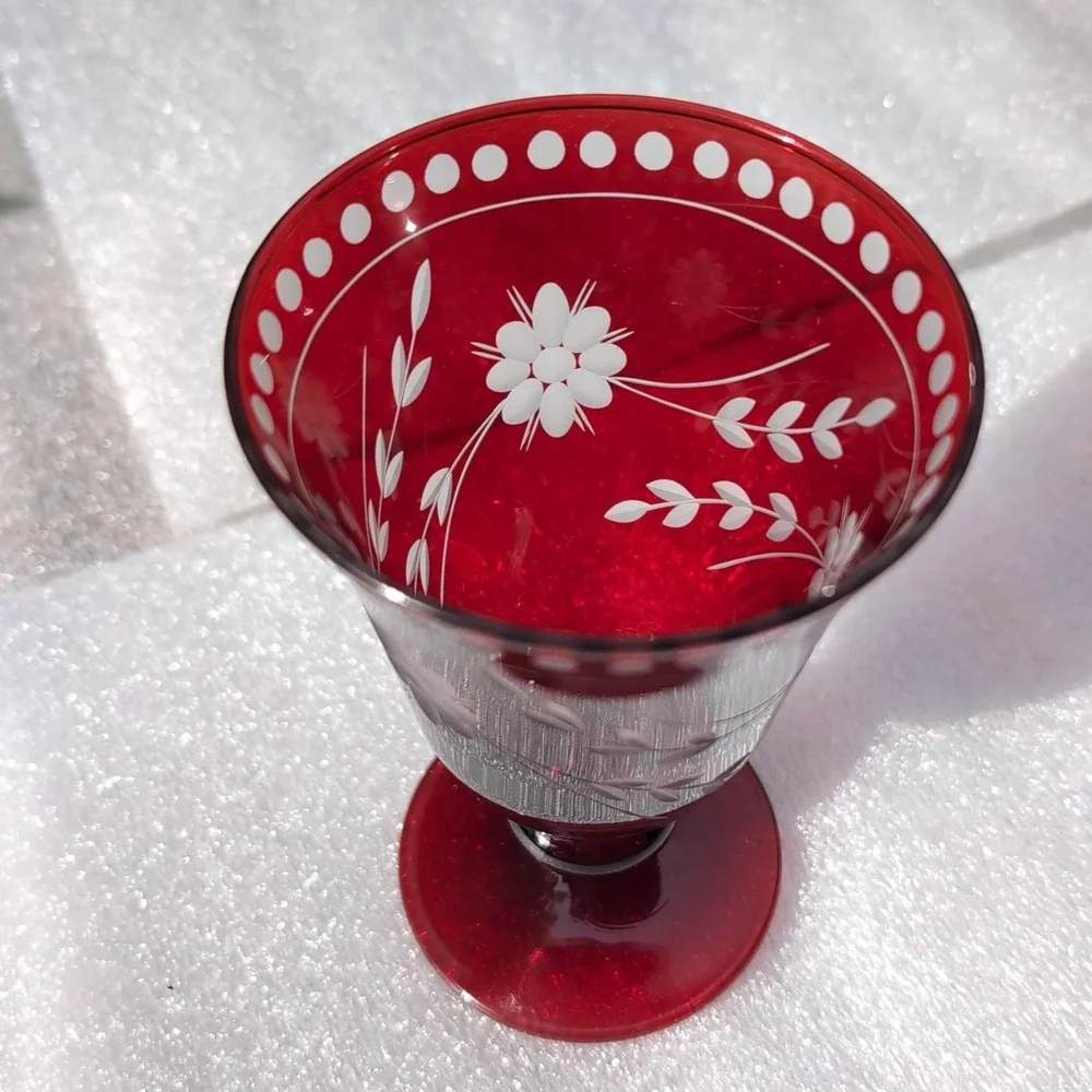 Williams Sonoma Goblet Set Ruby Red Vintage Cut to Clear Floral Glass Etched 4pc